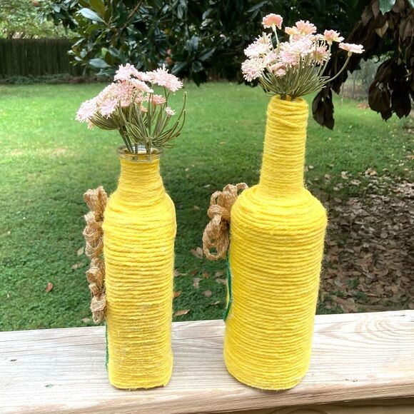 Bud Vases Recycled Glass Flower Yarn Wrapped Yellow Brown Green Set of 2 - Picture 4 of 14